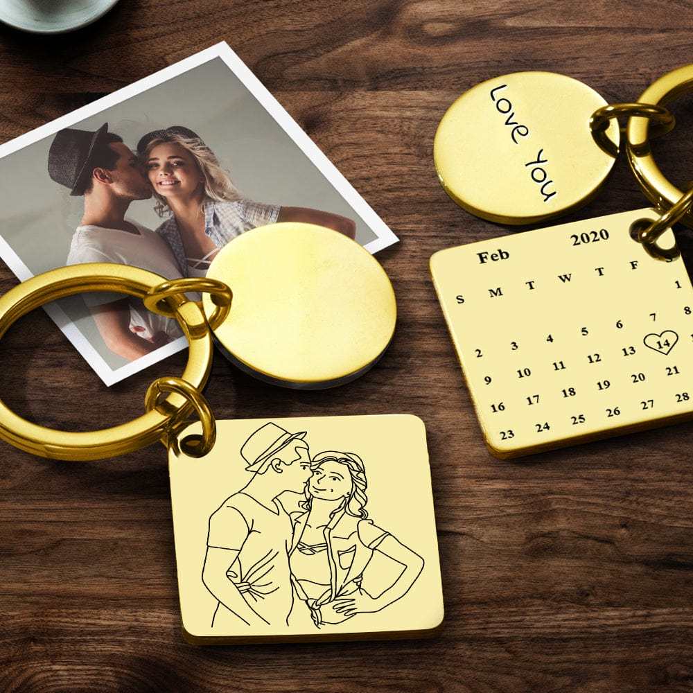 Custom Anniversary Keychain Line Drawing Keychain Custom Date and Photo Valentine's Day Gift - Giftlab