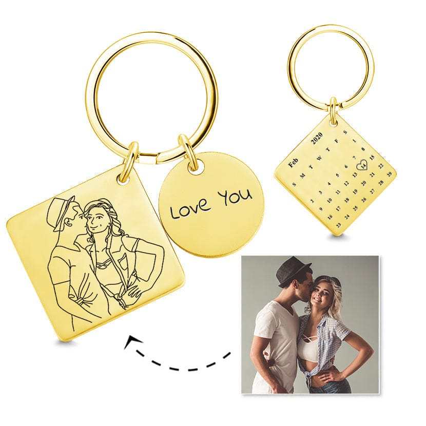 Custom Anniversary Keychain Line Drawing Keychain Custom Date and Photo Valentine's Day Gift - Giftlab