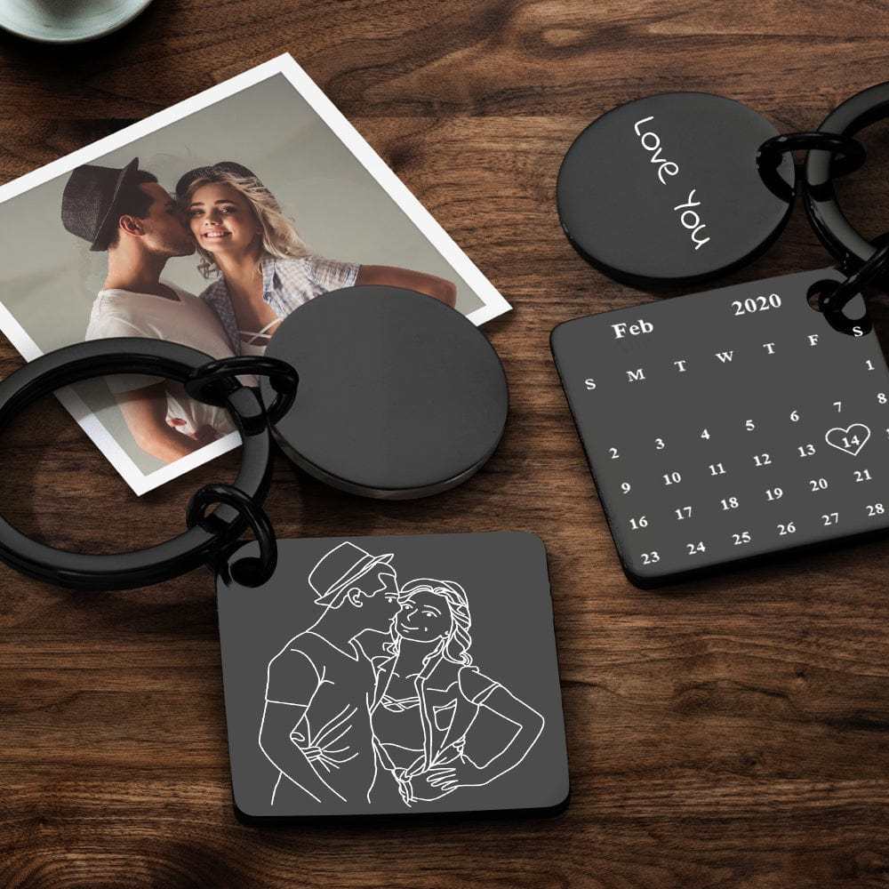 Custom Anniversary Keychain Line Drawing Keychain Custom Date and Photo Valentine's Day Gift - Giftlab