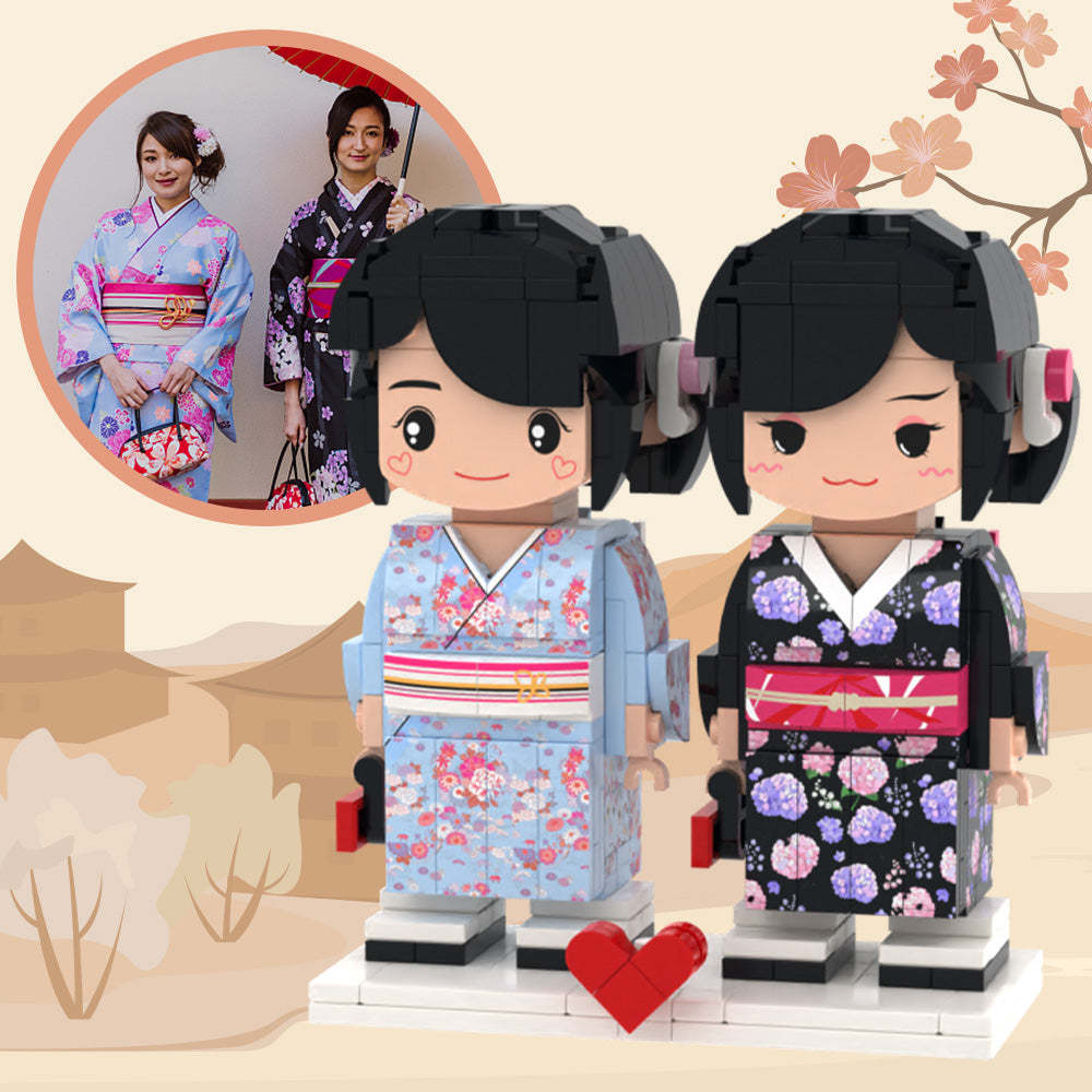 Customizable Fully Body 2 People Custom Brick Figures Blue And Black Kimono For Sister - My Custom BrickHeadz