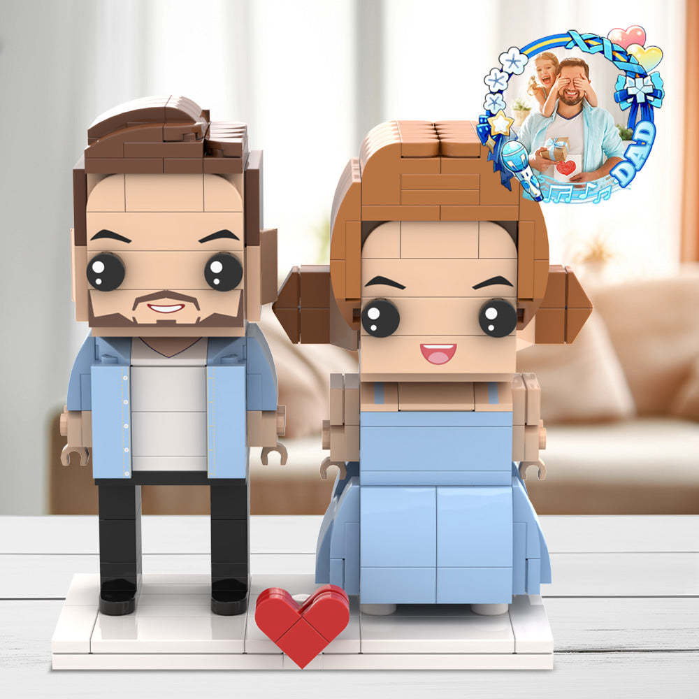 Personalized Fully Body Customizable Father's Day Custom Gift Brick Figures Dad and Daughter In Blue Dress Gift 2 People Custom Brick Figures For Daddy On Father's Day - My Custom BrickHeadz