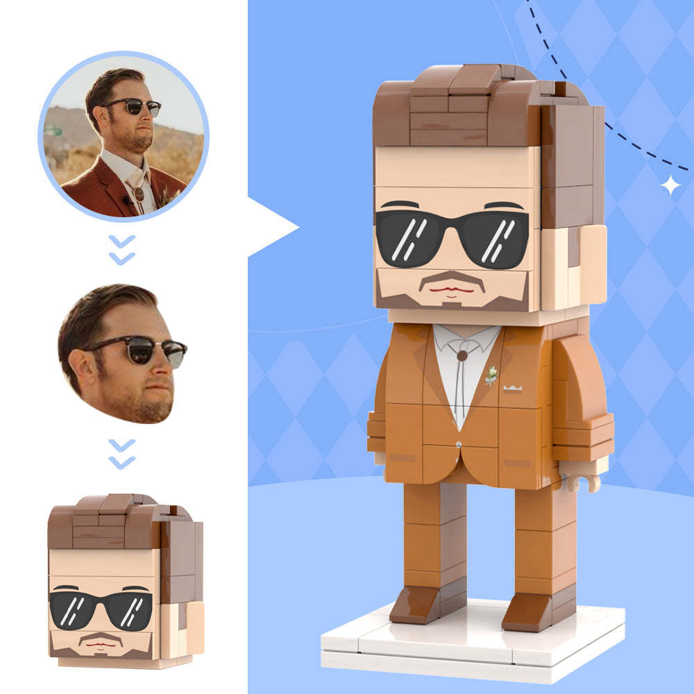 Classic Brown Suit With Kerchief and Corsage For Husband Custom Head Brick Figures Personalized Brick Figures Small Particle Block Wedding Anniversary Gift For Just Married Groom - My Custom BrickHeadz