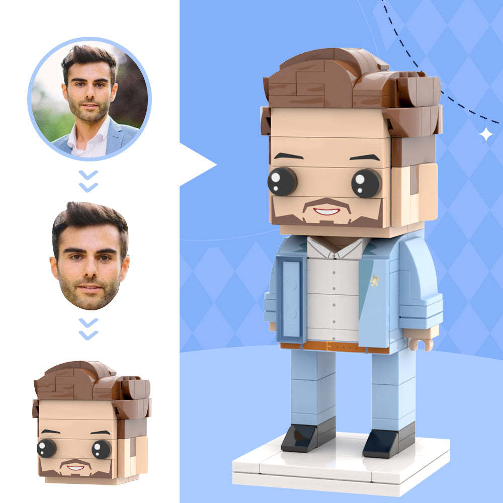 Light Blue Suit With White Corsage For Husband Custom Head Brick Figures Personalized Brick Figures Small Particle Block Wedding Anniversary Gift For Newly Married Groom - My Custom BrickHeadz
