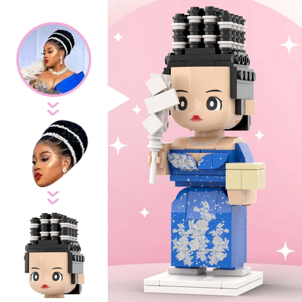 Unique One Of The Kind Blue Dress Custom Head Brick Figures Personalized Brick Figures Wedding Anniversary Souvenir - My Custom BrickHeadz