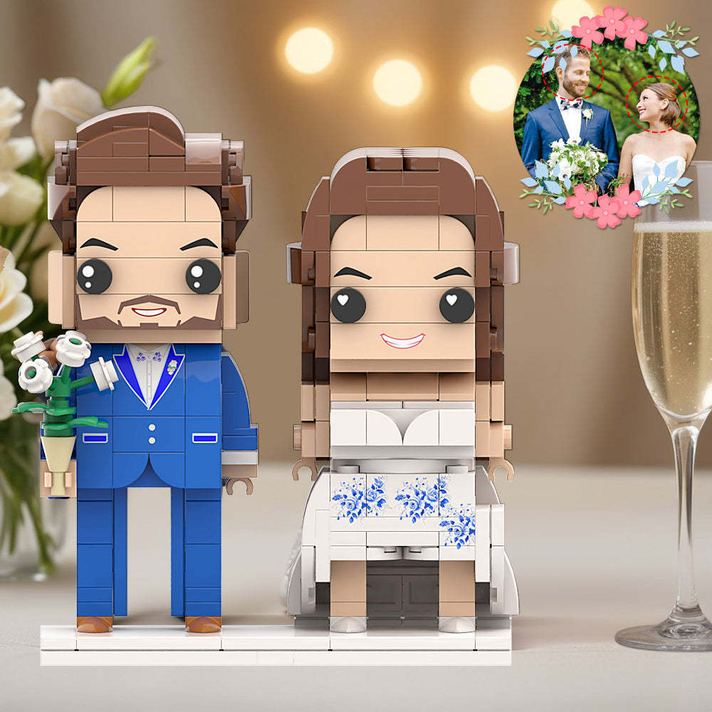 Ocean Blue Suit And Blue Pattern Wedding Dress Couple Brick Figures Personalized Head Brick Figures DIY for Wedding Anniversary Souvenir - My Custom BrickHeadz