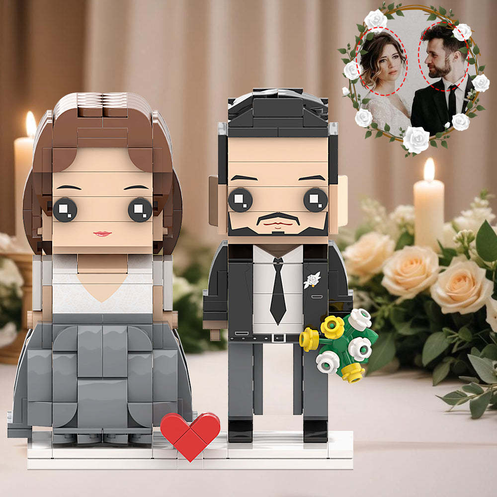 Mysterious White Grey Wedding Dress And Classic Black Suit Couple Brick Figures Personalized Head Brick Figures for Husband and Wife On Wedding Anniversary Souvenir - My Custom BrickHeadz
