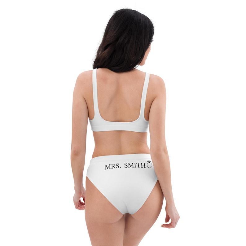 White Bride bikini, Personalized Bride Swimwear, Mrs. Honeymoon two piece bathing suit, Recycled high-waisted bikini