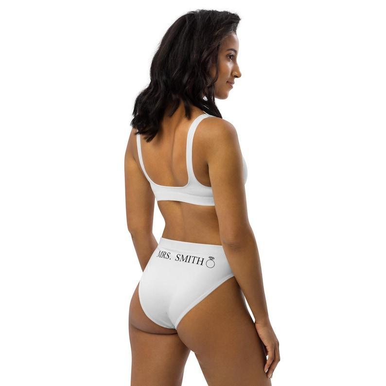 White Bride bikini, Personalized Bride Swimwear, Mrs. Honeymoon two piece bathing suit, Recycled high-waisted bikini