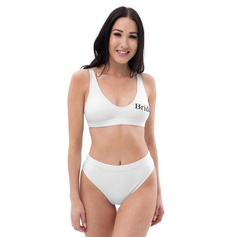White Bride bikini, Personalized Bride Swimwear, Mrs. Honeymoon two piece bathing suit, Recycled high-waisted bikini