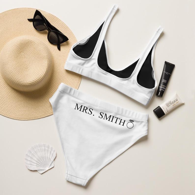White Bride bikini, Personalized Bride Swimwear, Mrs. Honeymoon two piece bathing suit, Recycled high-waisted bikini