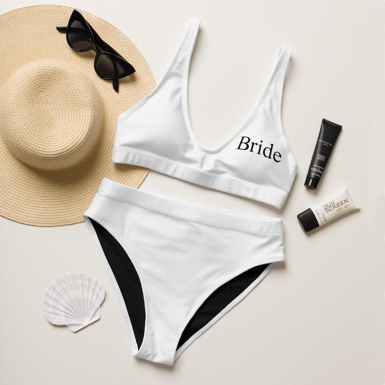 White Bride bikini, Personalized Bride Swimwear, Mrs. Honeymoon two piece bathing suit, Recycled high-waisted bikini