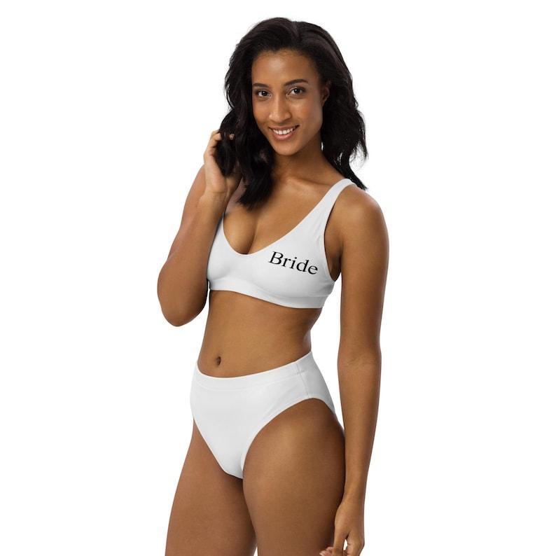 White Bride bikini, Personalized Bride Swimwear, Mrs. Honeymoon two piece bathing suit, Recycled high-waisted bikini