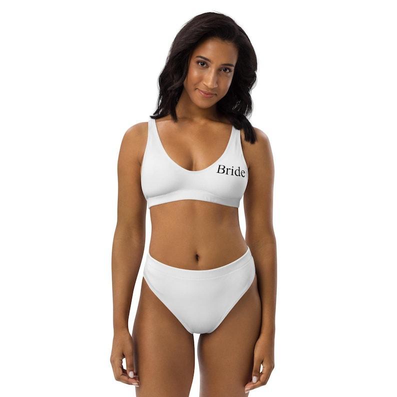 White Bride bikini, Personalized Bride Swimwear, Mrs. Honeymoon two piece bathing suit, Recycled high-waisted bikini