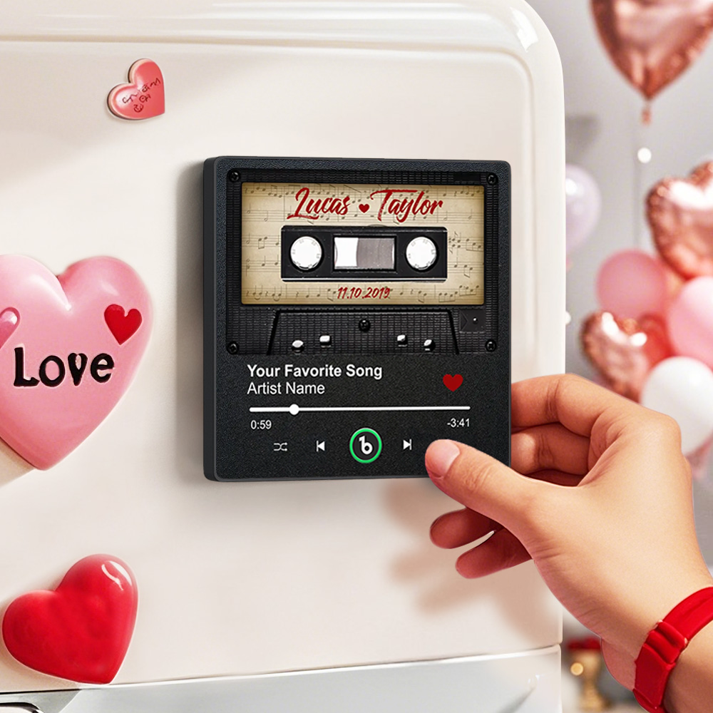 Custom Retro Black Cassette Tape Personalized Music Fridge Magnet Anniversary Gift For Couples - MyCustomBrickFigures