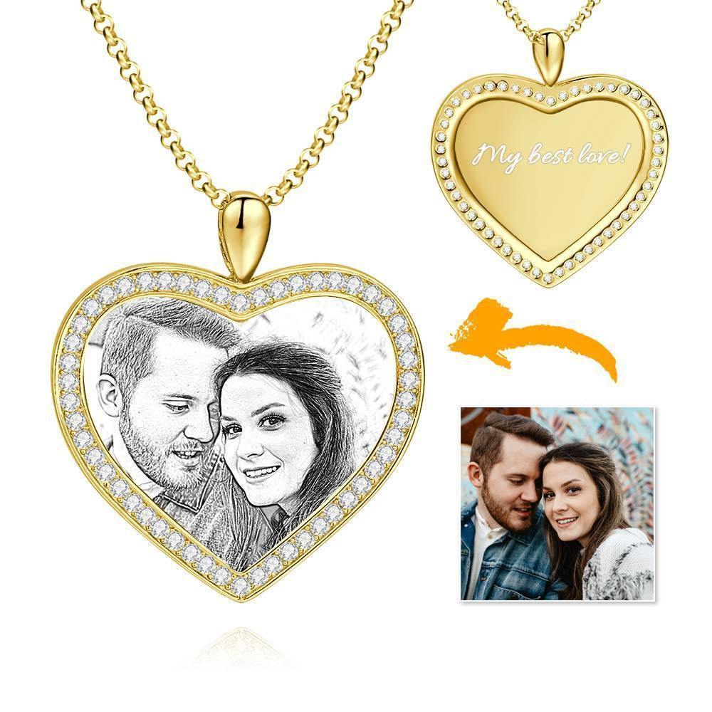 Collier Photo Gravé Personnalisé Pour Femme, Collier Photo En Forme De Coeur En Cristal Strass Argent Plaqué Platine - Croquis - mademinefr