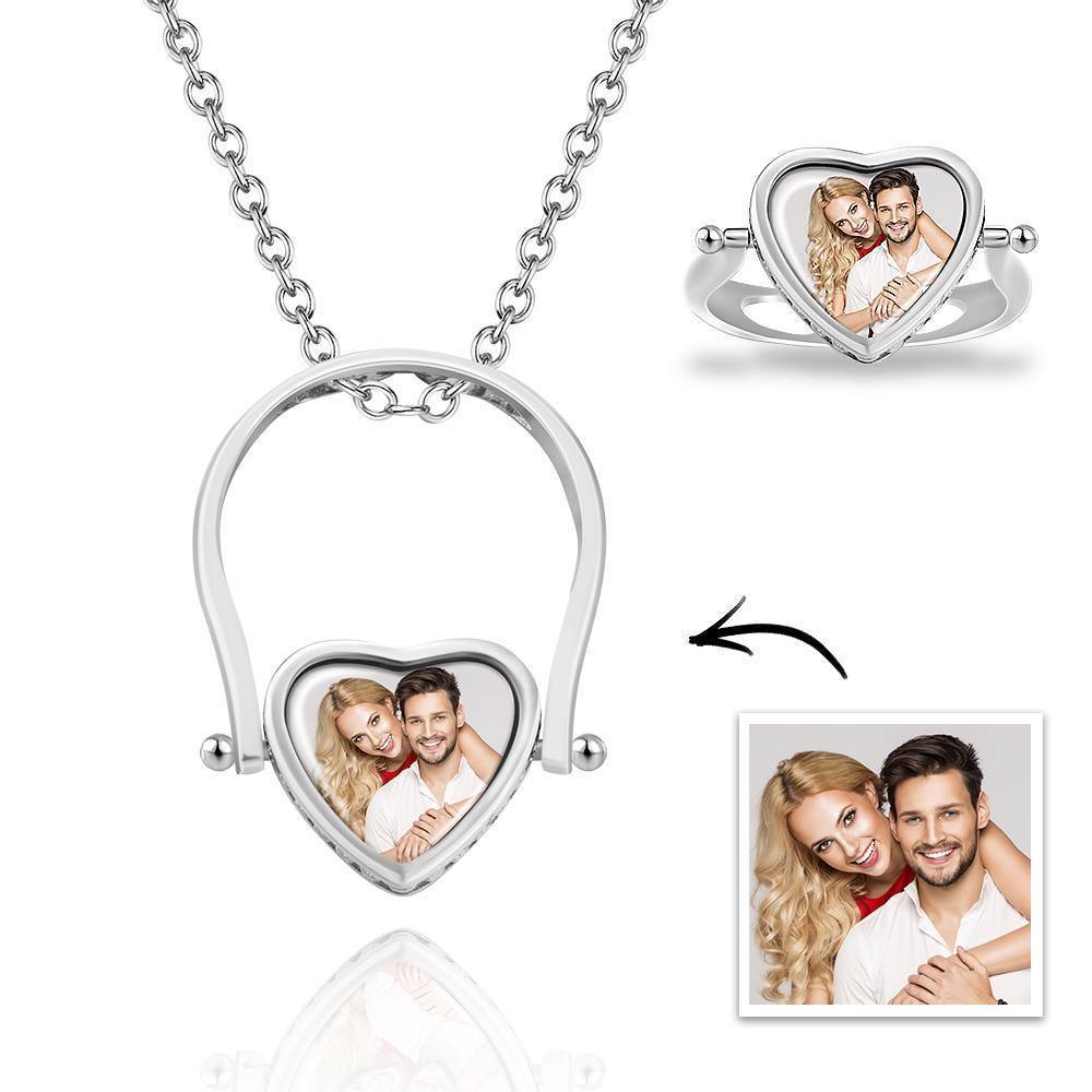 Collier Photo, Bague Photo Cadeaux De Couple En Forme De Coeur Double Usage (taille De Bague 5#) Argent - mademinefr