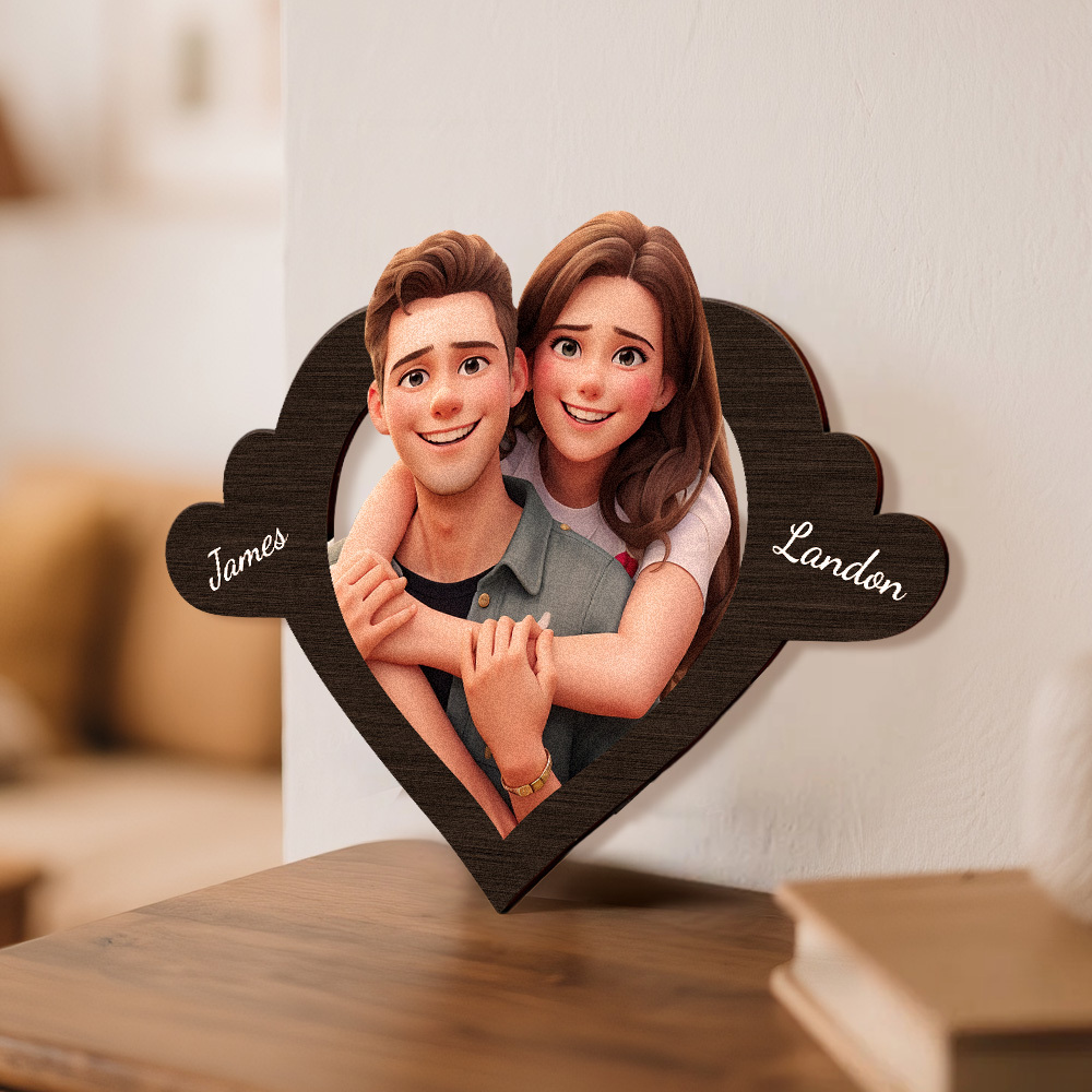 Cadre Photo Personnalisé En Bois En Forme De Cœur, Style Dessin Animé Pixar, Avec Nom De Famille, Idéal Pour Un Anniversaire, Un Anniversaire Ou Des Vacances En Famille. - MaPhotocaleconFr