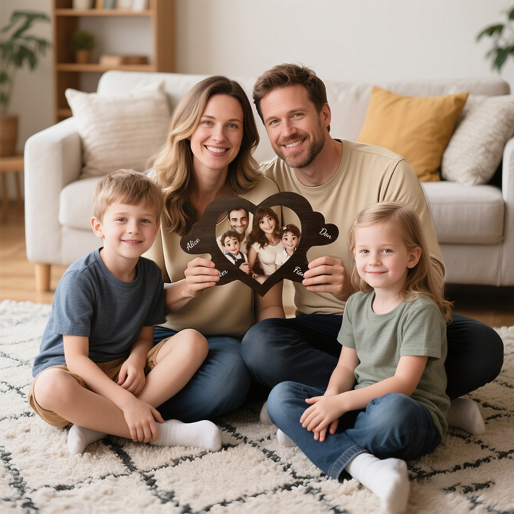 Cadre Photo Personnalisé En Bois En Forme De Cœur, Style Dessin Animé Pixar, Avec Nom De Famille, Idéal Pour Un Anniversaire, Un Anniversaire Ou Des Vacances En Famille. - MaPhotocaleconFr
