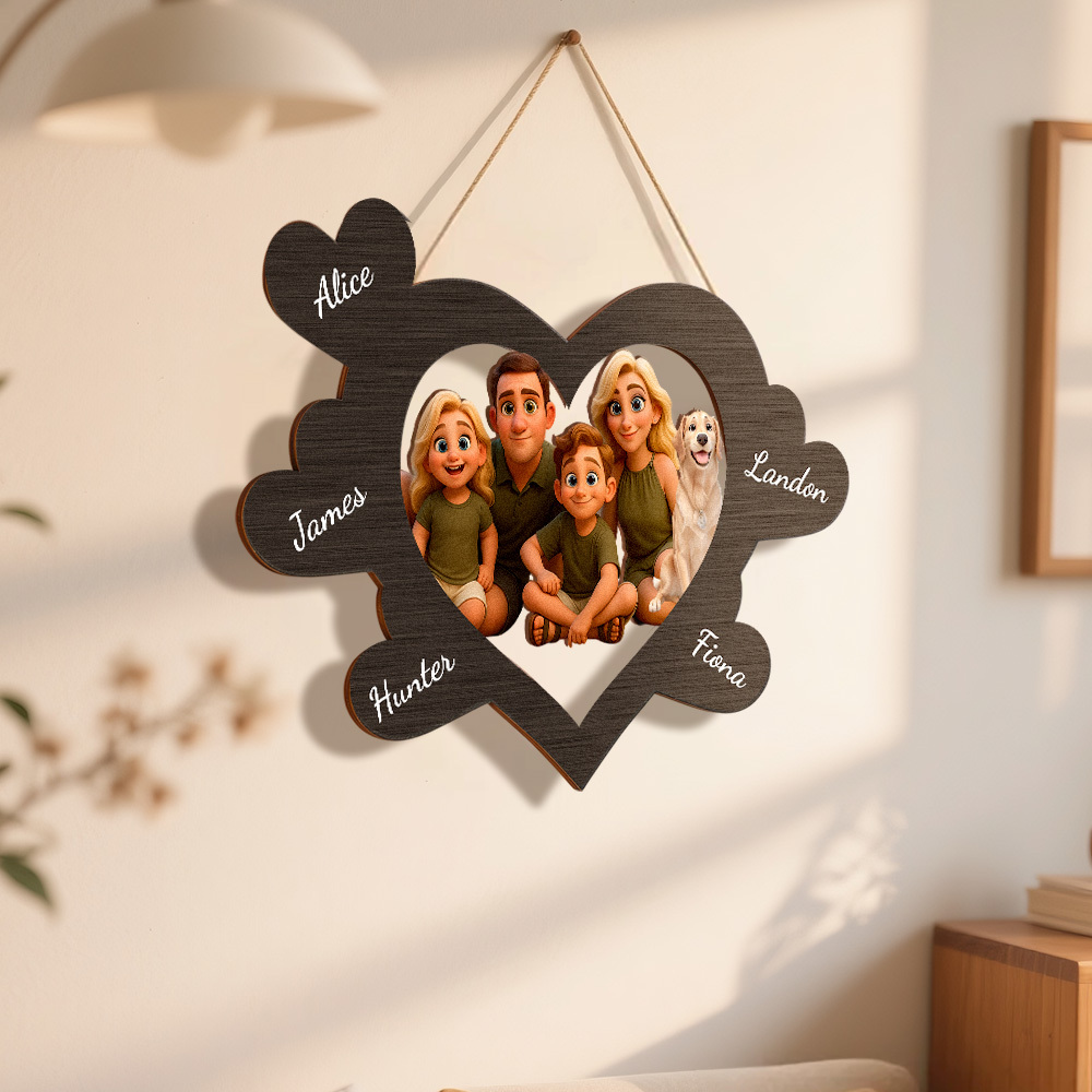 Cadre Photo Personnalisé En Bois En Forme De Cœur, Style Dessin Animé Pixar, Avec Nom De Famille, Idéal Pour Un Anniversaire, Un Anniversaire Ou Des Vacances En Famille. - MaPhotocaleconFr