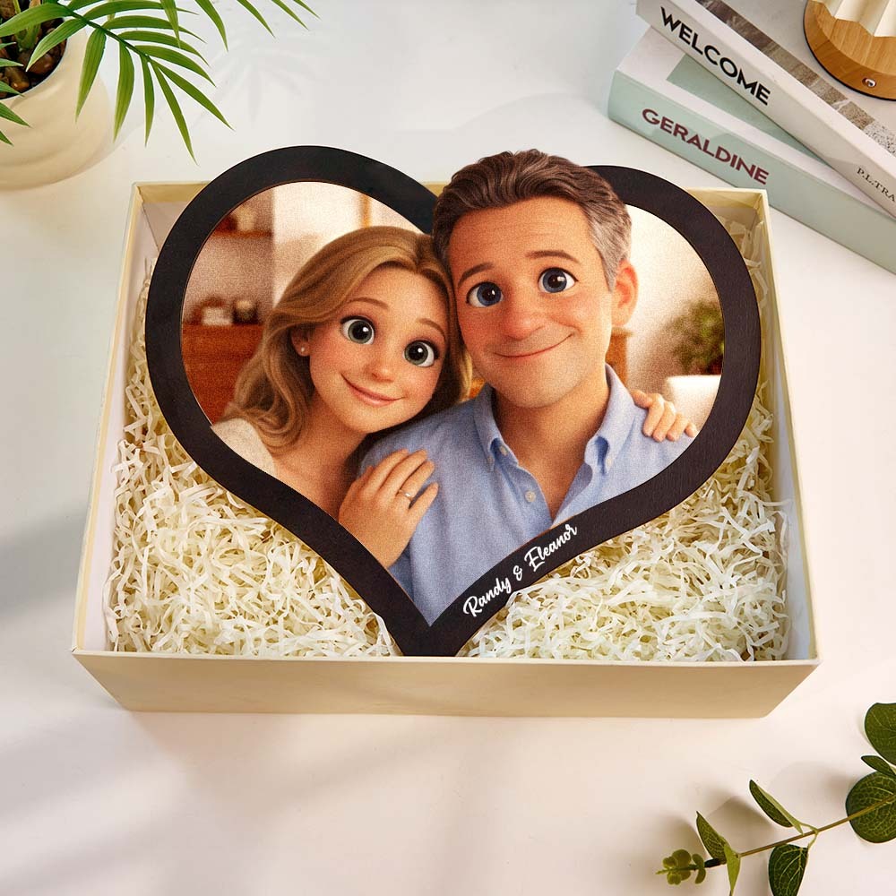 Cadre Photo En Forme De Cœur Personnalisé, Portrait De Couple De Style Dessin Animé Personnalisé Pour La Saint-valentin - MademineFR