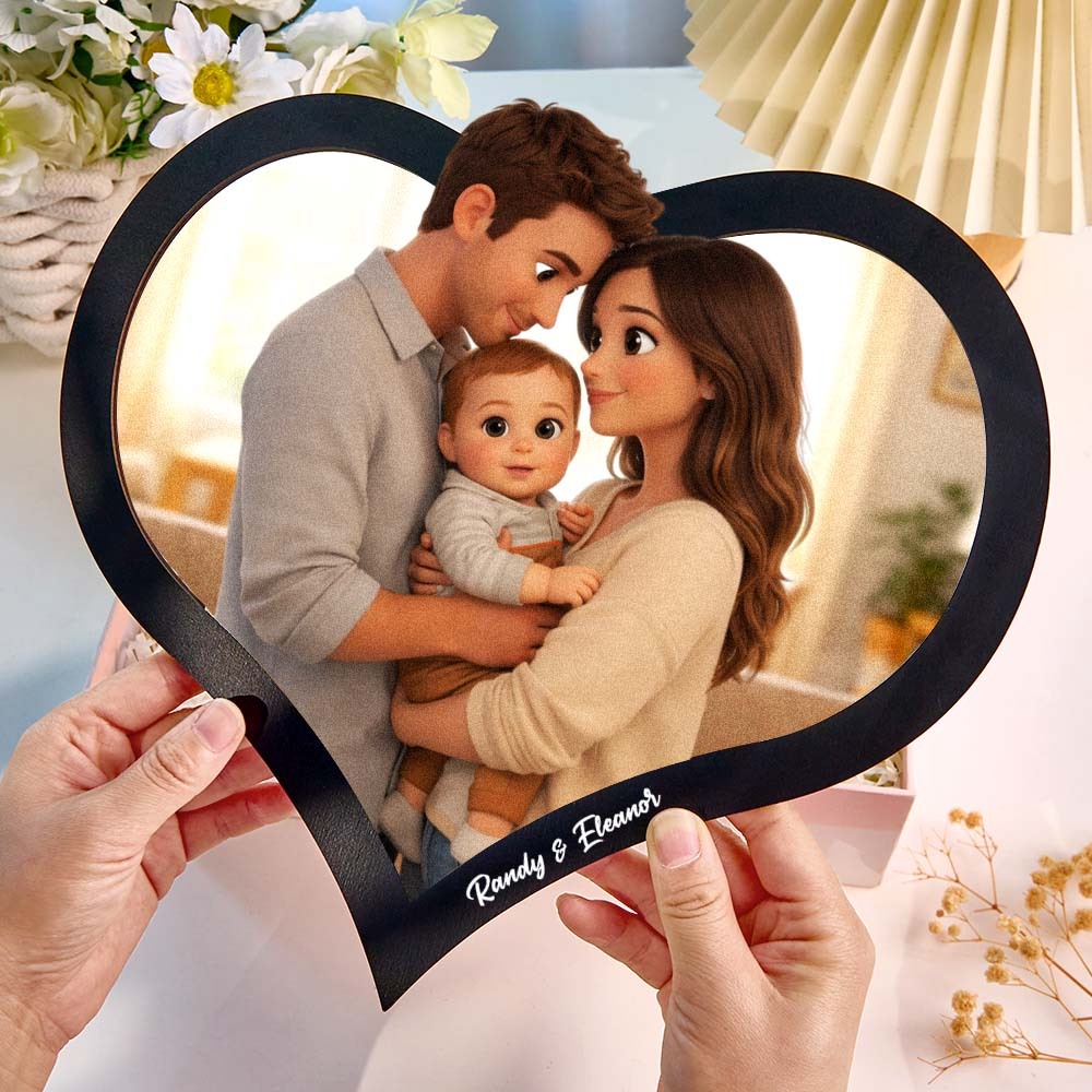 Cadre Photo En Forme De Cœur Personnalisé, Portrait De Couple De Style Dessin Animé Personnalisé Pour La Saint-valentin - MademineFR