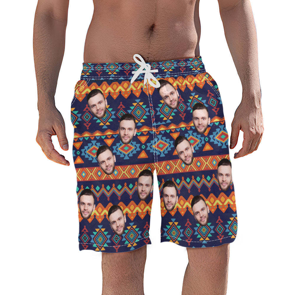 Short De Plage Pour Hommes, Maillot De Bain Personnalisé Avec Géométrie De Visage, Pour Les Vacances D'été À La Plage - mademinefr