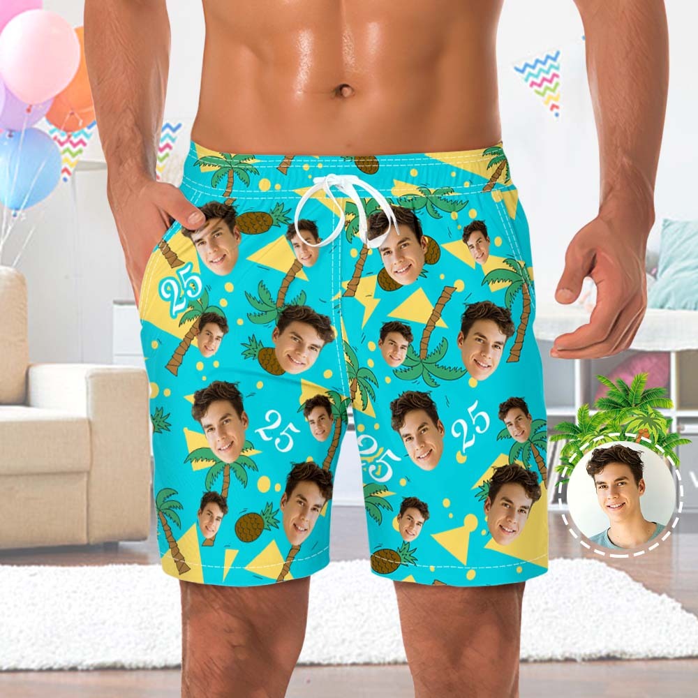 Short De Plage Personnalisé Avec Visage Et Numéro, Short De Plage Multicolore À La Noix De Coco Et À L'ananas - mademinefr