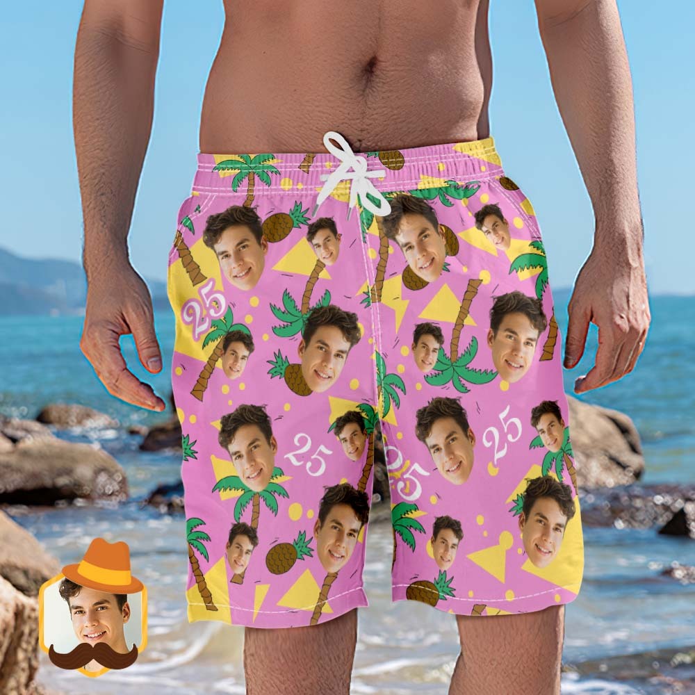 Short De Plage Personnalisé Avec Visage Et Numéro, Short De Plage Multicolore À La Noix De Coco Et À L'ananas - mademinefr