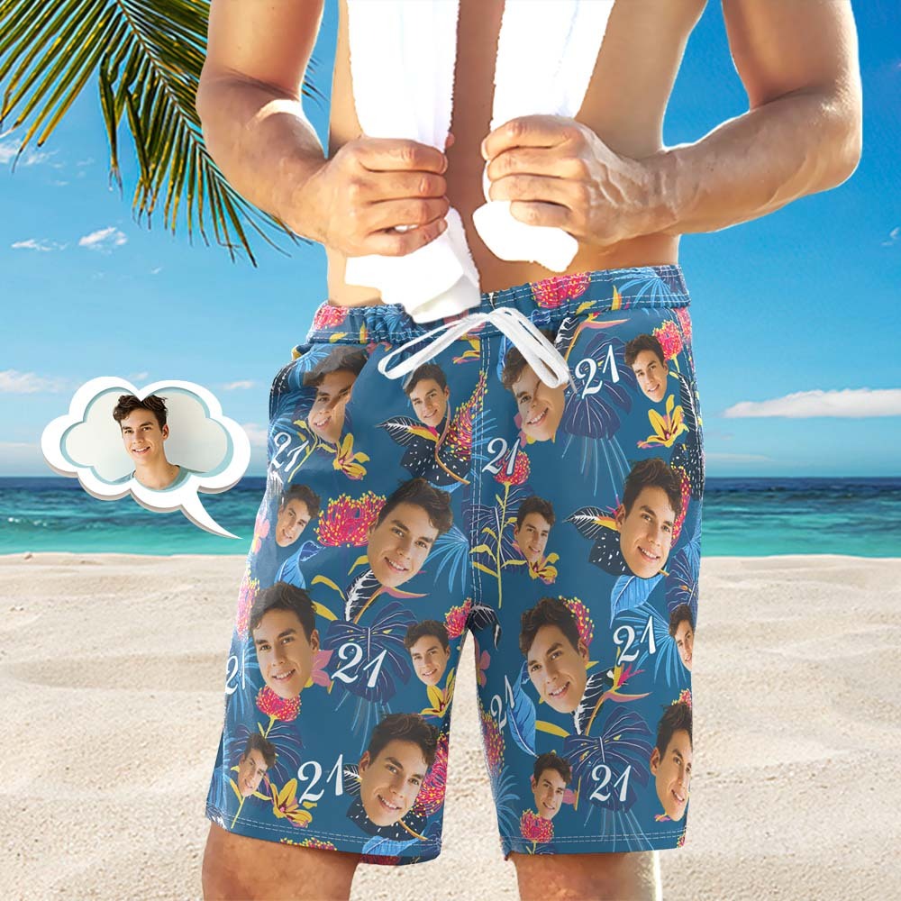 Short De Plage Visage Personnalisé Short De Plage Numéro Et Visage Manches Bleu Foncé Et Fleurs Roses - mademinefr