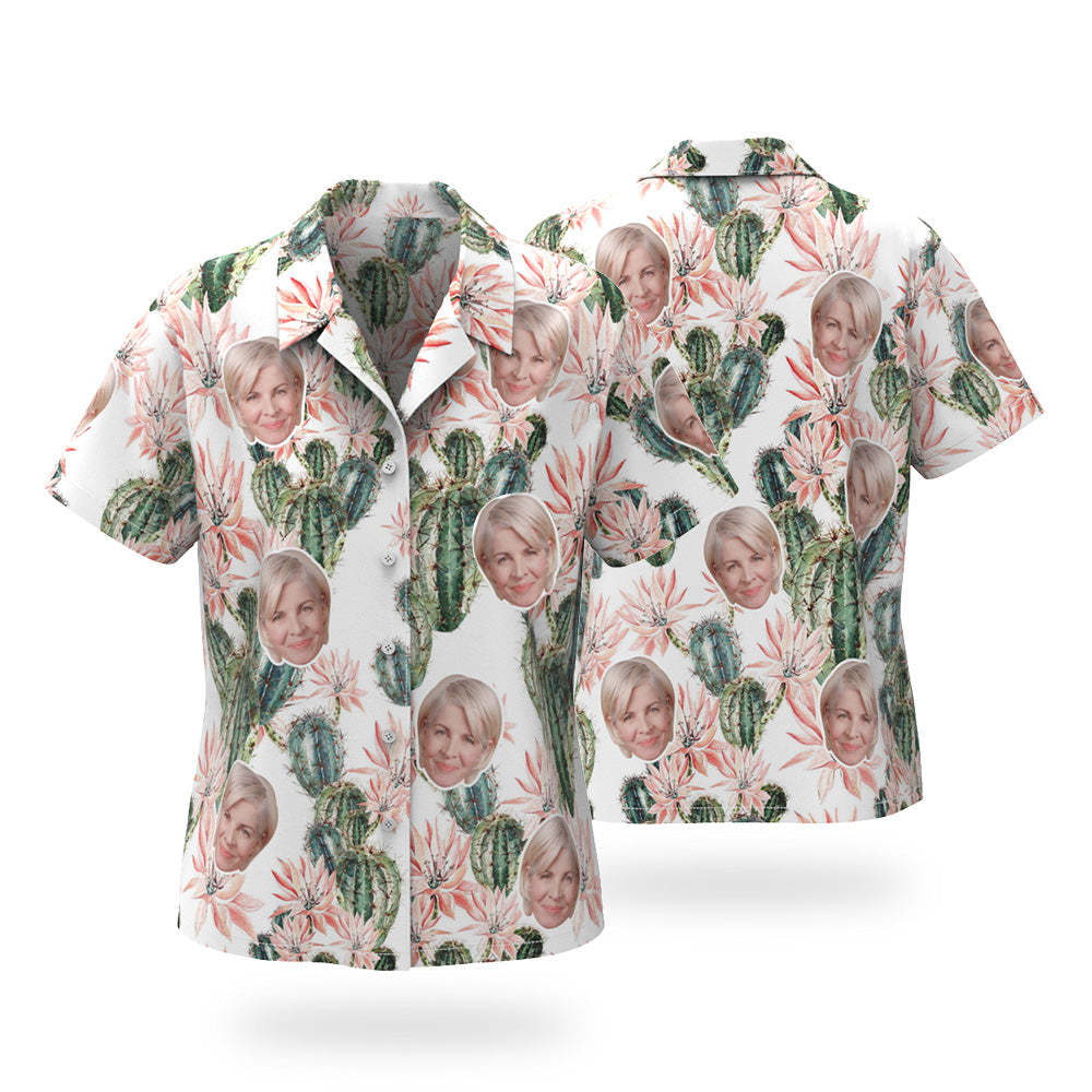 Chemise Hawaïenne À Visage Personnalisé, Chemise Tropicale Flamant Rose Pour Femmes, Imprimé Partout, Feuilles Vertes Et De Palmier - MademineFR
