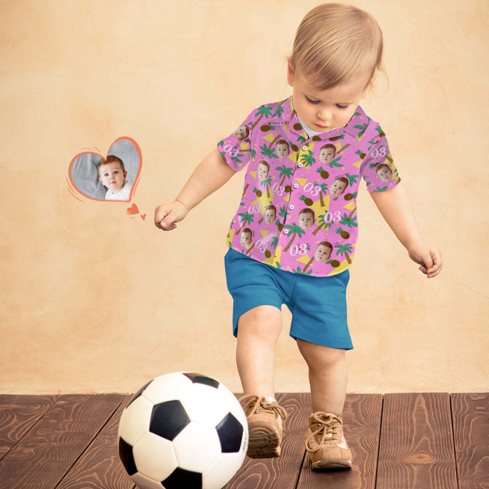Chemise Hawaïenne Personnalisée Multicolore Pour Enfant, Motif Visage Et Chiffres, Cocotier Et Ananas, Cadeau D'anniversaire - MademineFR