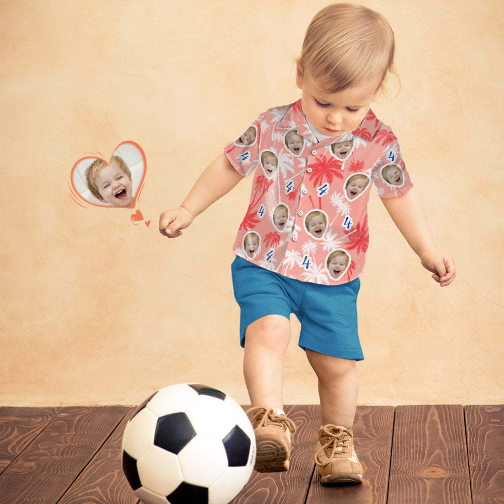 Chemises Hawaïennes Personnalisées Avec Visage Et Numéro Pour Anniversaire D'enfant, Chemises Rouges Et Blanches Avec Cocotier, Cadeau D'anniversaire - MademineFR