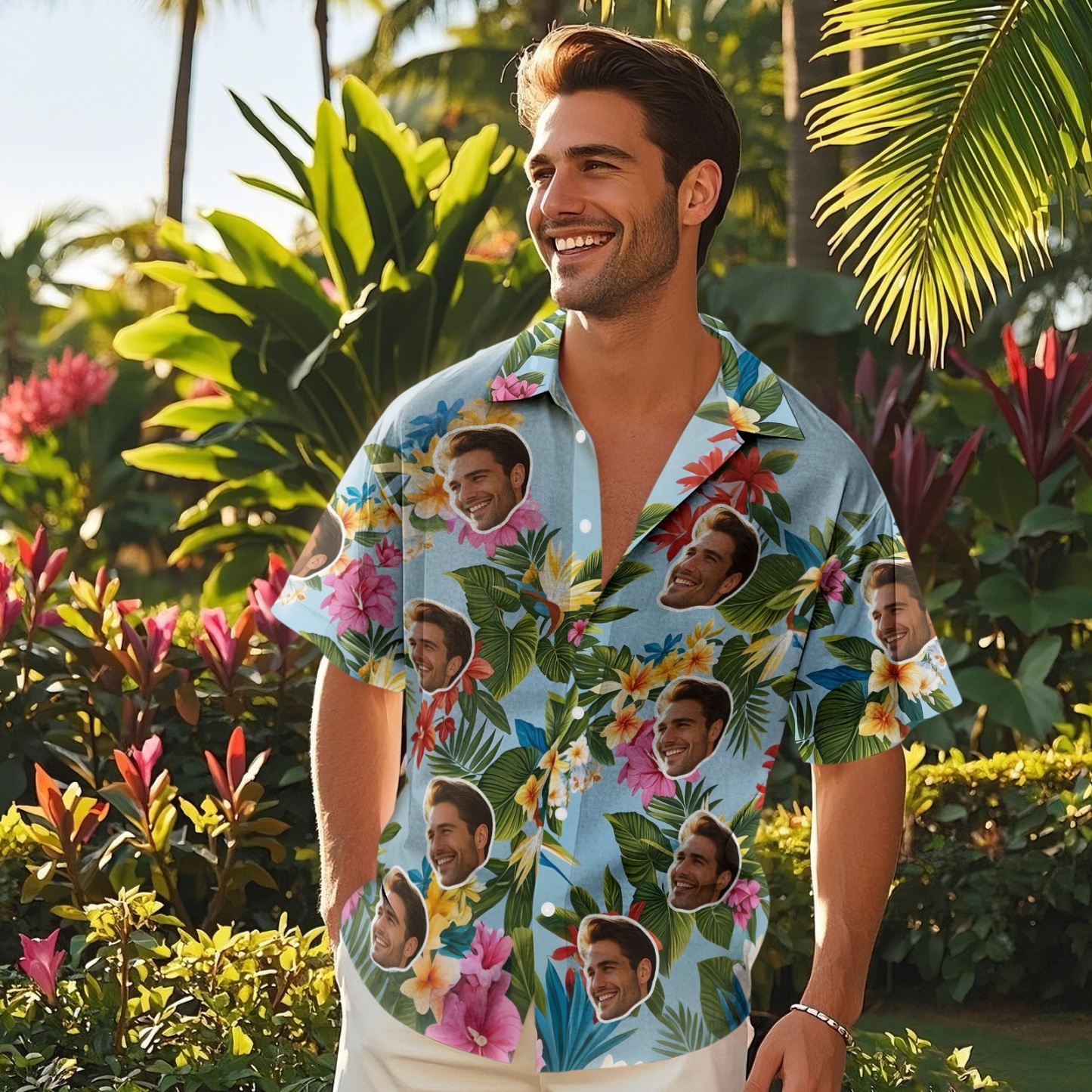 Chemises Hawaïennes Personnalisées À Motifs Floraux Et Feuilles, Chemises Bleues Parfaites Pour Les Vacances D'été, Vêtements, Cadeaux Pour Hommes - MademineFR