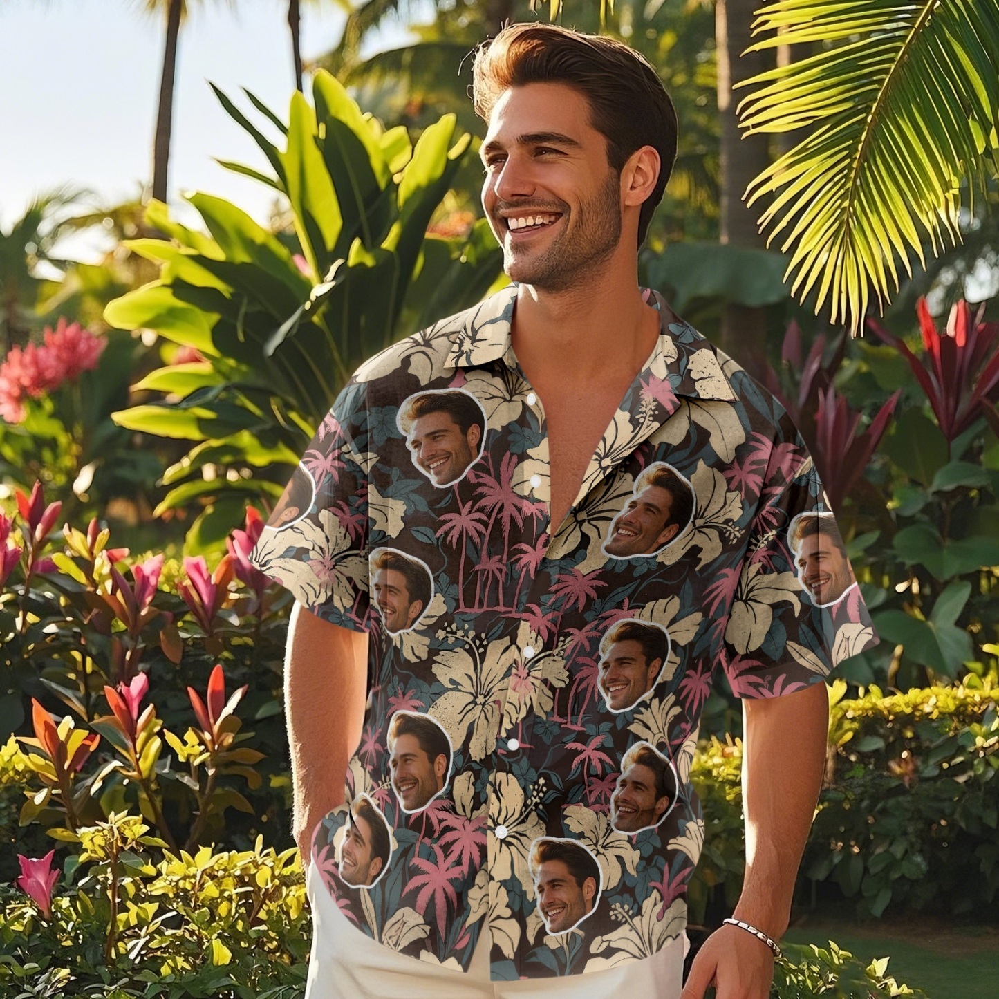 Chemises Hawaïennes Personnalisées À Motifs Floraux Et Roses De Cocotiers, Parfaites Pour Les Vacances D'été, Vêtements Et Cadeaux Pour Hommes - MademineFR