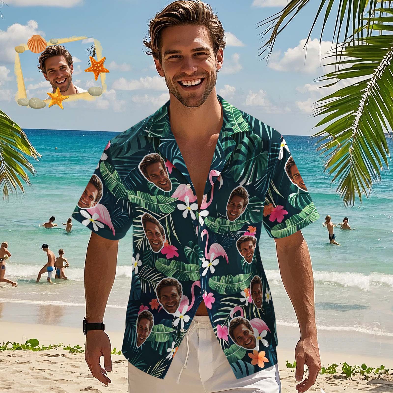 Chemise Hawaïenne Personnalisée Avec Motif De Flamant Rose Et Visage Personnalisé
