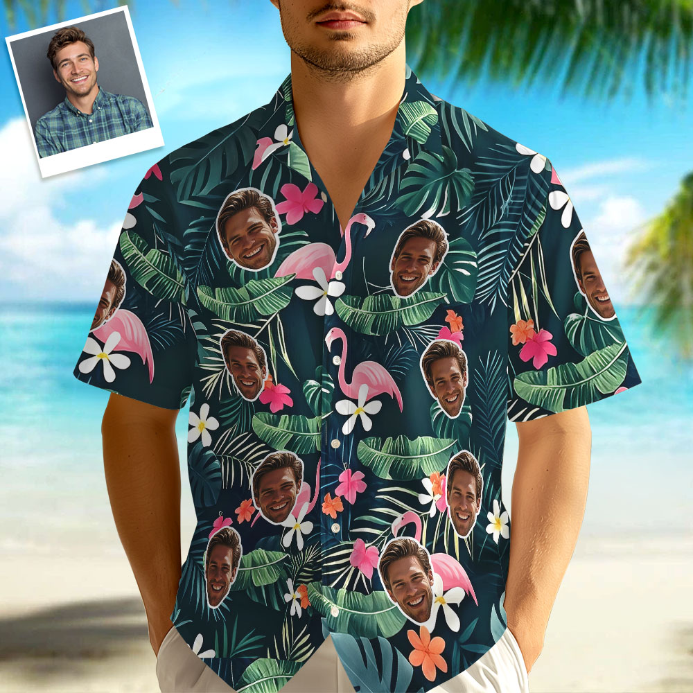 Chemise Hawaïenne Personnalisée Avec Motif De Flamant Rose Et Visage Personnalisé