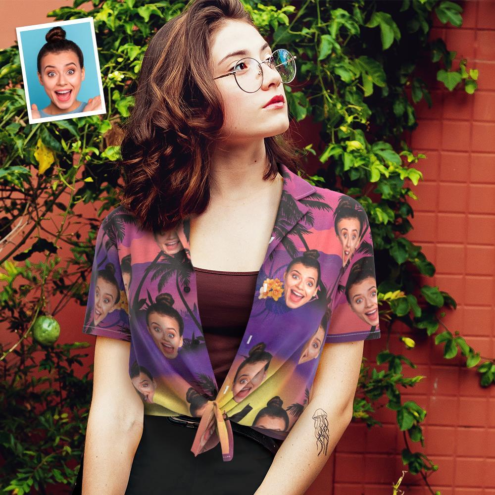 Chemise Hawaïenne Personnalisée Avec Photo Pour Femme - Cadeau Pour Elle - Coucher De Soleil Violet - MademineFR