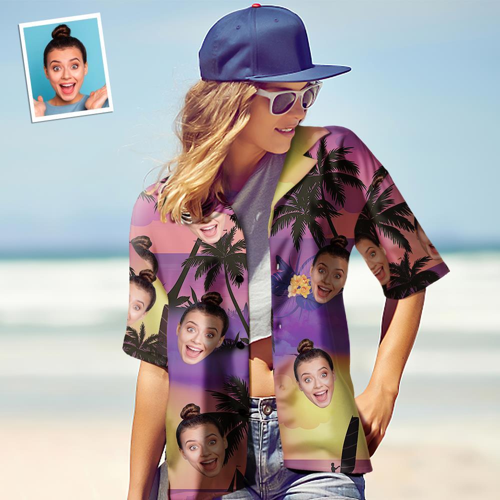 Chemise Hawaïenne Personnalisée Avec Photo Pour Femme - Cadeau Pour Elle - Coucher De Soleil Violet - MademineFR