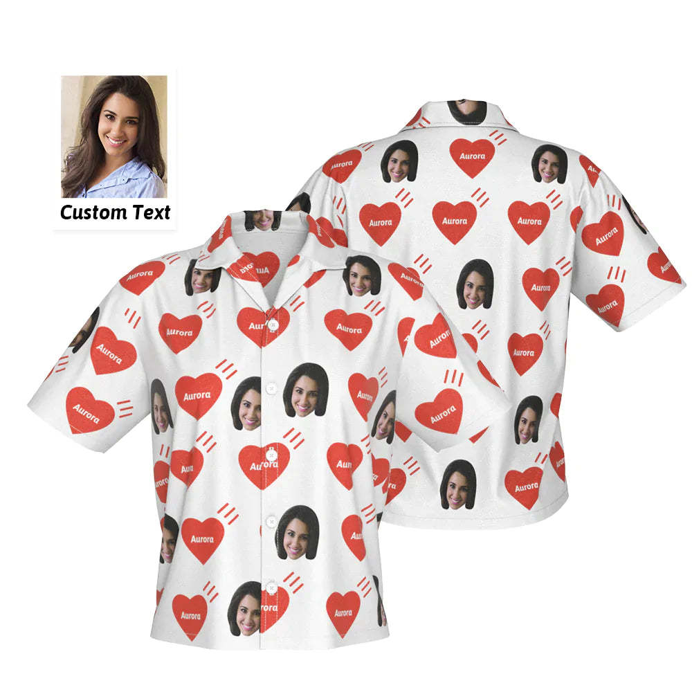 Chemise Hawaïenne Personnalisée Avec Visage Et Nom, Chemise Photo Personnalisée Pour Femme, Cadeau De Saint-valentin Pour Elle, Cœur D'amour - MademineFR