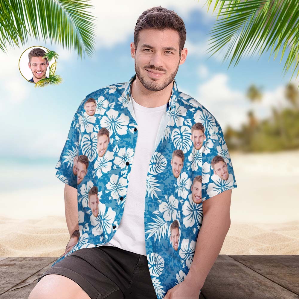 Chemise Hawaïenne D'été Personnalisée Pour Homme Avec Photo Bleue - MademineFR