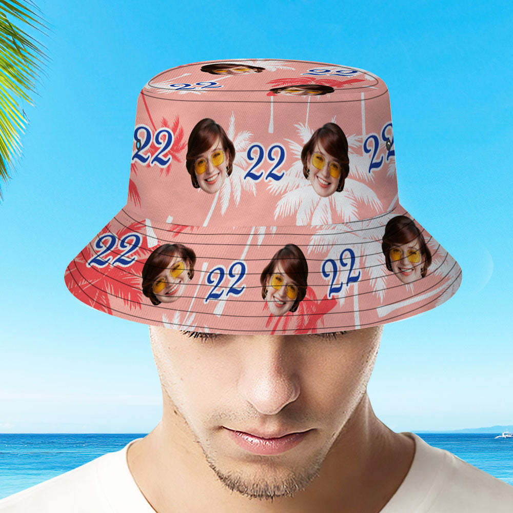 Custom Face And Number Birthday Bucket Hat Red And White Coconut Tree Hat - mademinefr