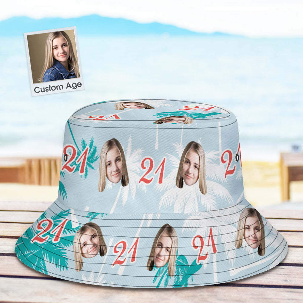 Custom Face And Number Birthday Bucket Hat Red And White Coconut Tree Hat - mademinefr