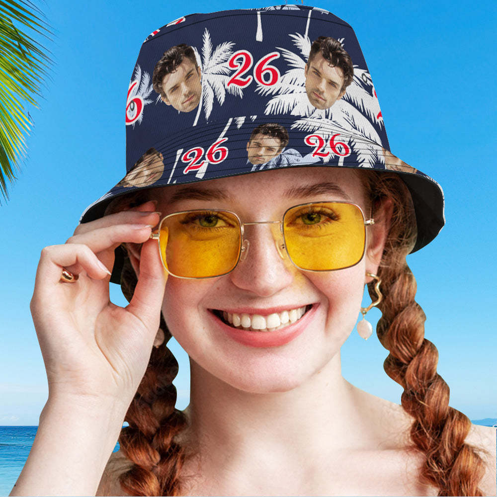Custom Face And Number Birthday Bucket Hat Red And White Coconut Tree Hat - mademinefr