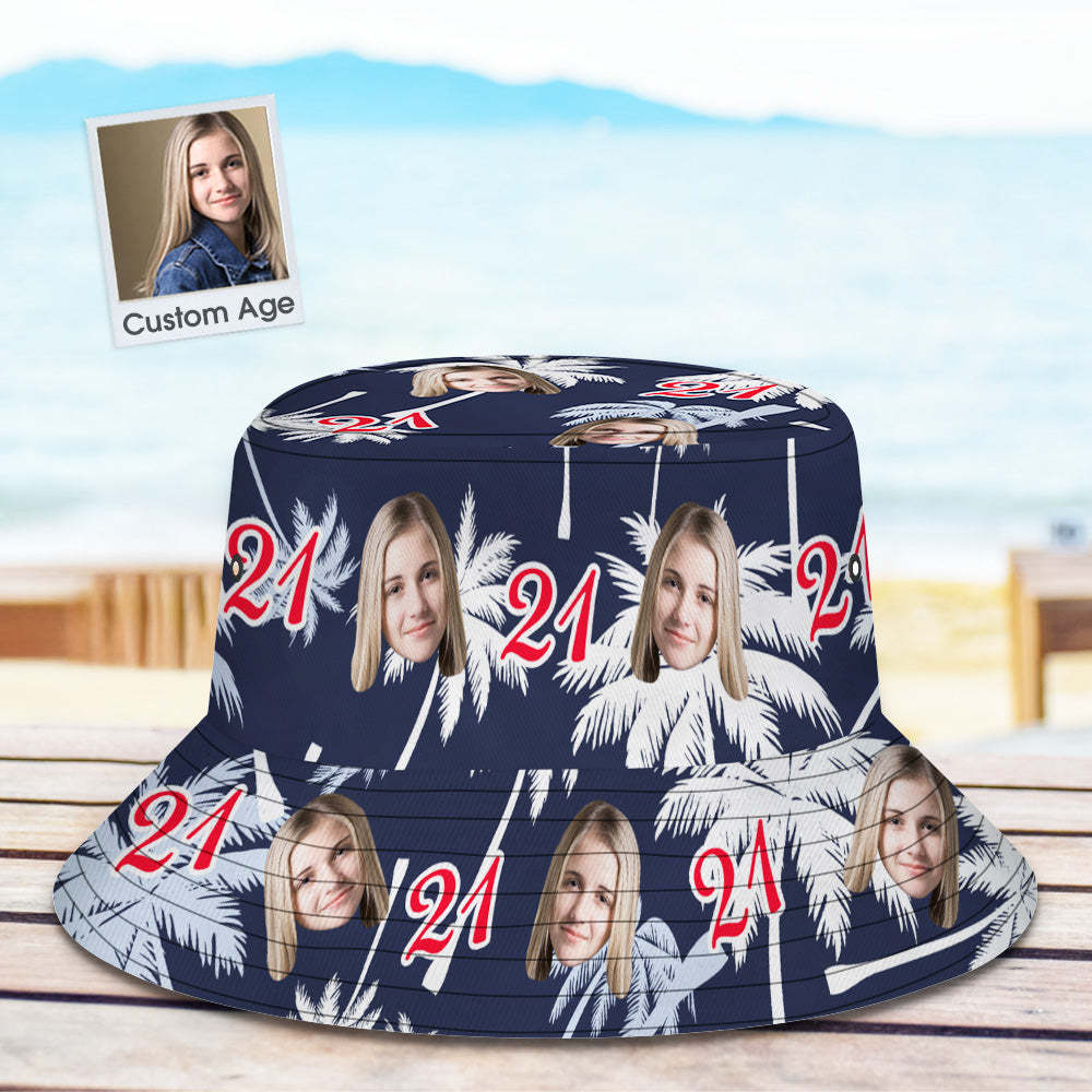 Custom Face And Number Birthday Bucket Hat Red And White Coconut Tree Hat - mademinefr
