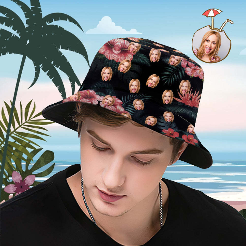 Chapeau Bob Personnalisé, Visage Personnalisé, Imprimé Sur Toute La Surface, Imprimé De Fleurs Tropicales, Chapeau De Pêcheur Hawaïen - MademineFR