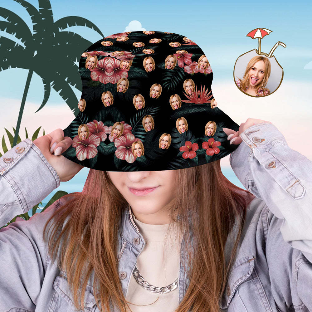 Chapeau Bob Personnalisé, Visage Personnalisé, Imprimé Sur Toute La Surface, Imprimé De Fleurs Tropicales, Chapeau De Pêcheur Hawaïen - MademineFR