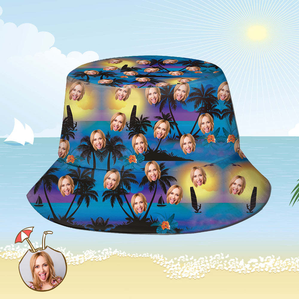 Chapeau Bob Personnalisé, Imprimé Visage Personnalisé, Imprimé Fleurs Tropicales, Chapeau De Pêcheur Hawaïen - Bord De Mer Au Crépuscule - MademineFR