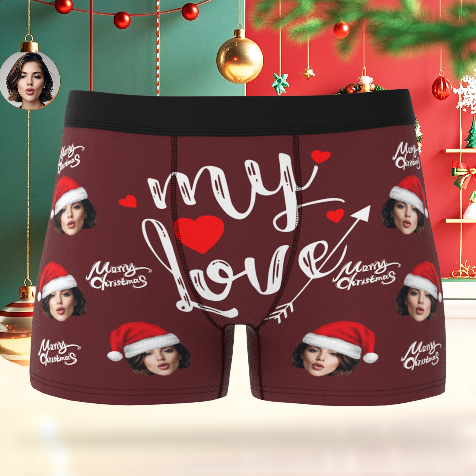 Boxers Pour Homme Personnalisés Pour Noël Avec Le Logo « Mon Amour » Et Le Visage Du Personnage - Cadeau Idéal Pour Petit Ami, Mari Ou Couple