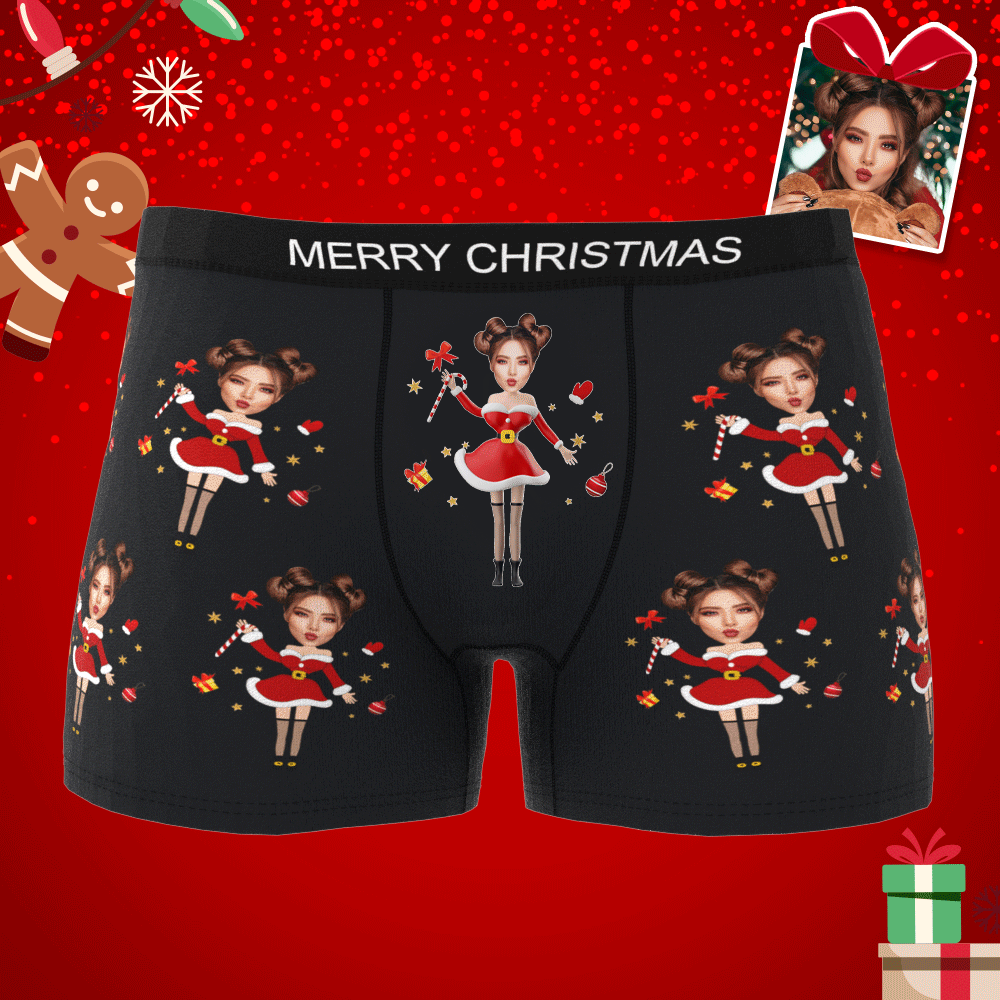 Photo Personnalisée Boxer Père Noël Visage Sous-vêtements Couple Cadeaux Cadeau De Noël Vue Ar - mademinefr
