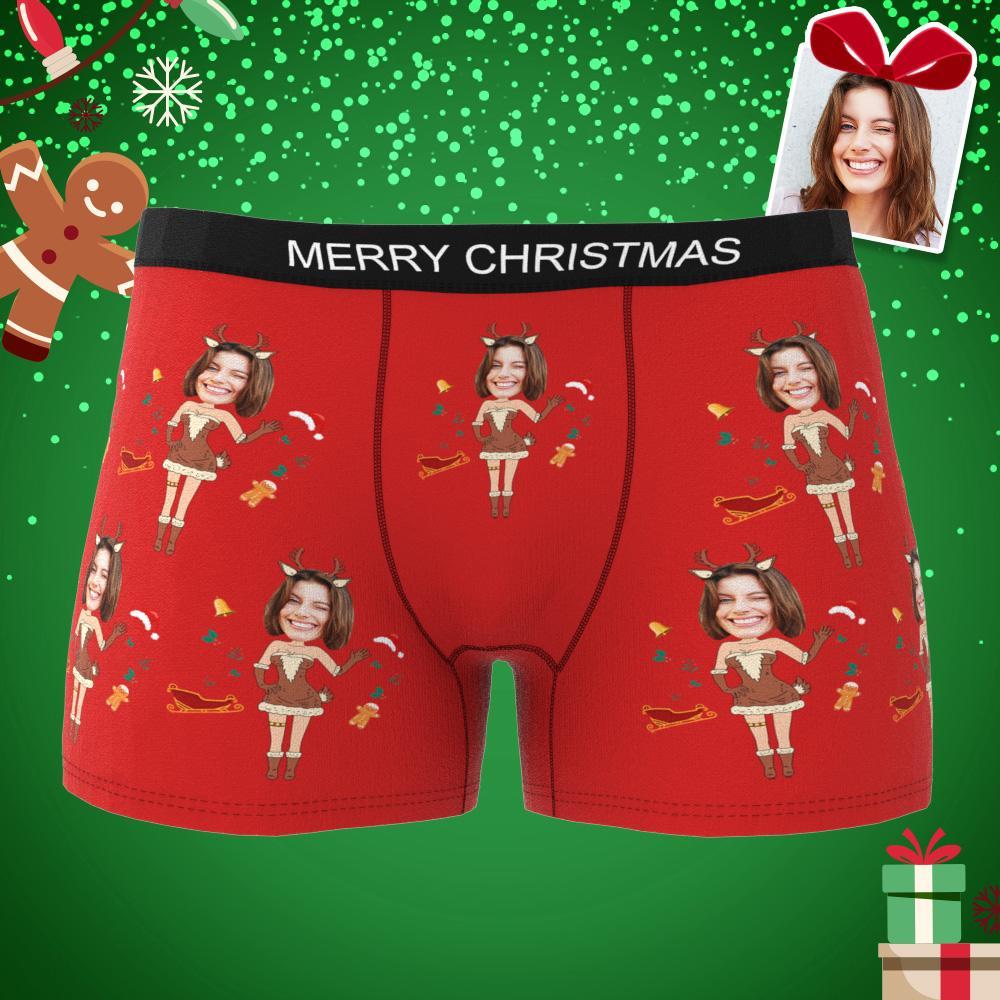 Photo Personnalisée Boxer Noël Wapiti Visage Sous-vêtements Hommes Sous-vêtements Couple Cadeaux Cadeau De Noël Vue Ar - mademinefr